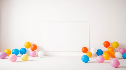 Brightly colored balloons scattered in a minimalist room with a blank canvas