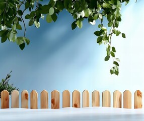 Obraz premium Tranquil wooden fence with green leaves under clear sky