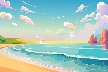 Obraz premium Ocean and Mountain Illustration with Scenic Sky