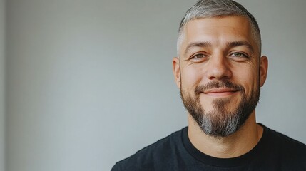 Obraz premium A man with a short gray beard and styled hair smiles warmly while wearing a casual black shirt in a bright, minimalist indoor space. His expression conveys friendliness and approachability