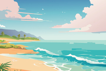 Ocean and Mountain Illustration with Scenic Sky