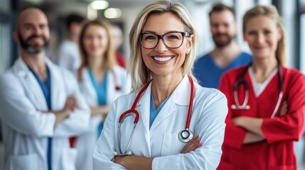 Fototapeta premium Group of healthcare professionals in a hospital corridor, smiling confidently. The team includes doctors and nurses wearing scrubs and lab coats, engaged in a positive discussion