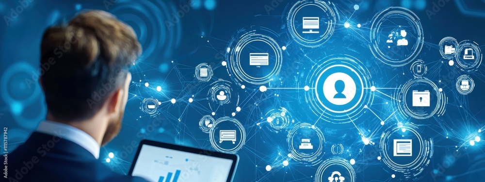 Poster professional man analyzing digital data with icons representing user information, connectivity, and 