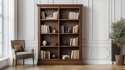 Fototapeta premium Classic Wooden Bookcase Adorns Elegant Room Interior