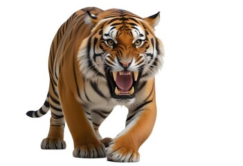 Obraz premium A fierce adult male Bengal tiger with orange and black striped fur, baring its sharp teeth in an aggressive snarl, standing on a plain white background