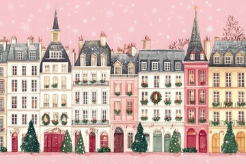 Fototapeta premium Parisian Charm, a whimsical pattern of white and pink buildings adorned with vintage Christmas wreaths, set against a soft pink background with green accents and festive decorations.