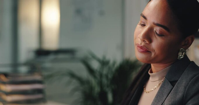 Overtime, sleepy and tired businesswoman bored by working for online deadline or stress. Corporate job, office and exhausted database administrator in late night with fatigue, low energy or burnout
