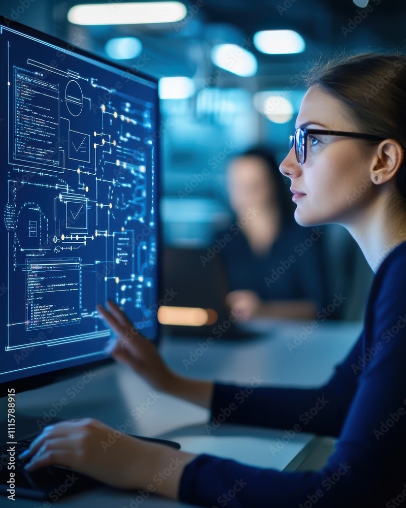 Poster focused female programmer analyzing data on computer screen with digital graphics in modern office e