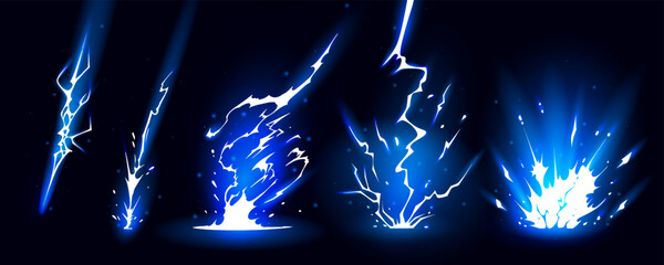 Lightning strike bolt silhouettes sequence vector illustration. Bright thunderbolts and zippers are natural phenomena isolated on a dark background. Thunderstorm electric effect of light shining flash