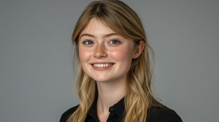 Naklejka premium A young woman with long, blonde hair and clear skin enjoys a moment of joy, smiling effortlessly. She is dressed in a simple black shirt, exuding confidence and warmth, with a soft gray backdrop