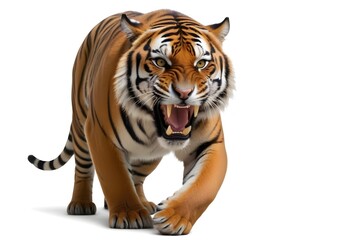 Fototapeta premium A fierce adult male Bengal tiger with orange and black striped fur, baring its sharp teeth in an aggressive snarl, standing on a plain white background