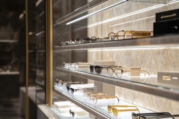 A close-up of an elegant display of eyeglass frames of various styles and colors on a glass shelf. Bright, clean lighting. Background of a modern eyewear boutique with minimalistic decor.