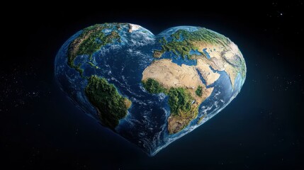 Fototapeta premium A heart-shaped representation of Earth floats in the vastness of space, highlighting the natural beauty and interconnectedness of continents, oceans, and ecosystems