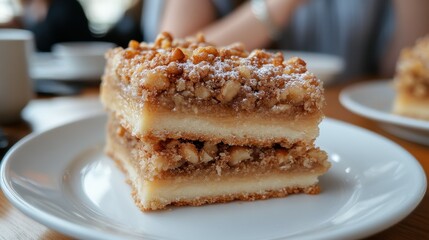 A beautifully presented layered dessert featuring a rich, creamy filling topped with finely chopped nuts sits on a white plate. The ambiance is warm and inviting, perfect for an afternoon treat