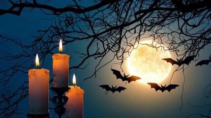 Spooky Halloween Night  Candles  Bats  Full Moon  Branches