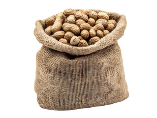A burlap sack filled with peanuts, showcasing a rustic charm, isolated on transparent or white background