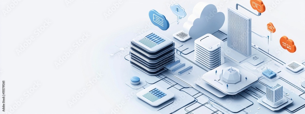 Poster modern cloud computing infrastructure design with digital components and virtual interactions repres