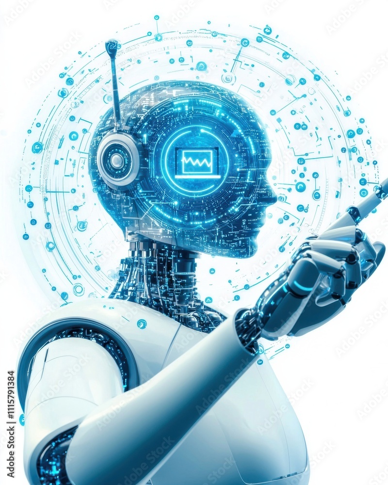 Poster futuristic robot with advanced ai displaying digital interface and circuitry, representing technolog