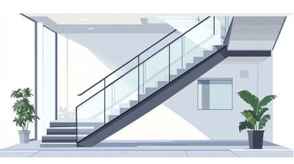Obraz premium a 2D cartoon illustration of a modern staircase with clean lines, stylish and functional, white background--ar 16:9