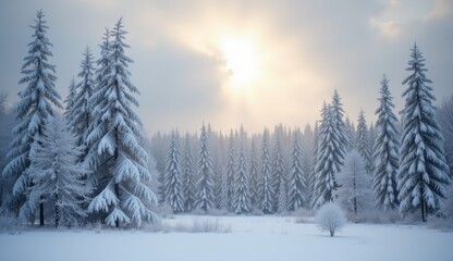 Winter forest landscape with snow-covered trees and soft sunlight in cold atmosphere