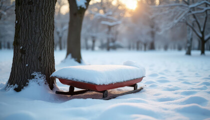 Snow-covered sled resting against a tree on a cold winter day with soft sunlight