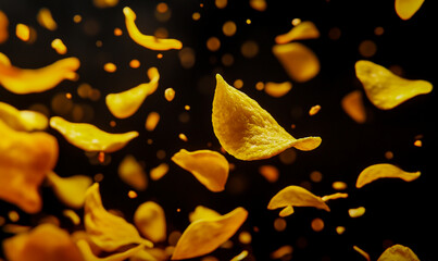 A lot of yellow potato chips flying on a black background.