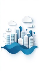 Obraz premium Modern Cityscape with Abstract Buildings and Clouds Featuring Waves in Blue Tones Illustrating Urban Life and Technology Integration in a Clean Design