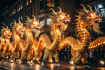 Obraz premium A popular bright show during the Chinese New Year. A close-up photo of a Chinese dragon.