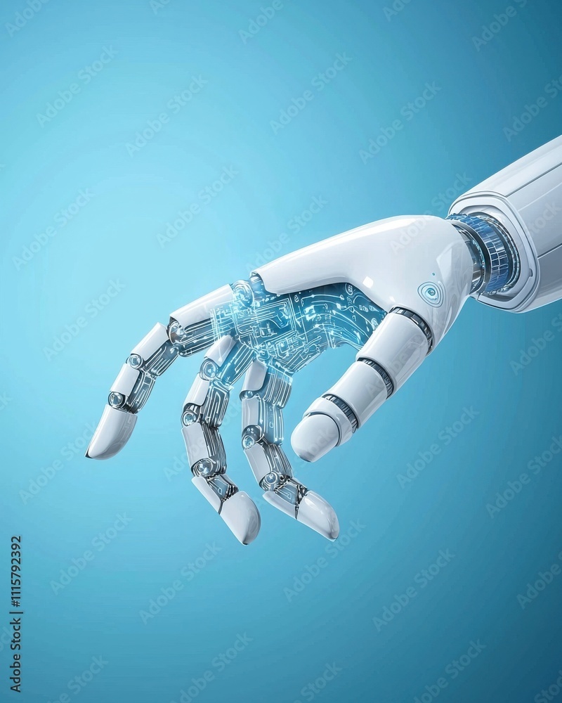 Poster futuristic robot hand with advanced technology elements on a blue background showcasing innovation a