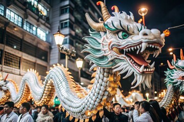 Obraz premium A popular bright show during the Chinese New Year. A close-up photo of a Chinese dragon.