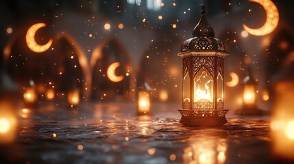 Fototapeta premium A glowing lantern stands in the foreground of a mystical setting, surrounded by a multitude of flickering lights and crescent moons.