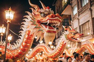 Obraz premium A popular bright show during the Chinese New Year. A close-up photo of a Chinese dragon.