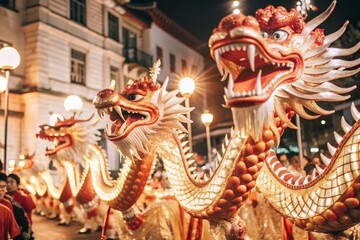 Fototapeta premium A popular bright show during the Chinese New Year. A close-up photo of a Chinese dragon.
