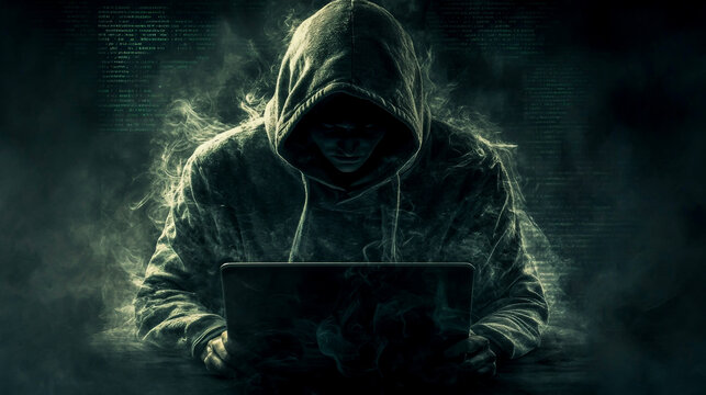A mysterious hacker or scammer in a hoodie, face obscured by shadow. - Powered by Adobe