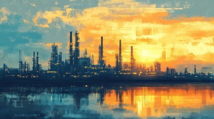 Naklejka premium Oil refinery at sunset, soft minimal watercolors, smooth brush strokes, calm sky reflecting, industrial elegance, simple forms, serene atmosphere, pastel colors blending
