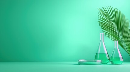 Green Science Lab  Minimalist Erlenmeyer Flasks  Petri Dish   Palm Leaf
