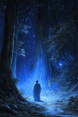 Fototapeta premium Enchanted Nighttime Forest with a Silhouetted Figure