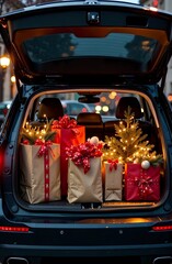 Open Car trunk full of Christmas decorations in shopping bags filled with holiday items
