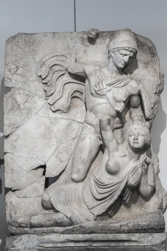 Relief sculpture depicting Emperor Claudius subduing Britannia, from the Sebasteion of Aphrodisias, showcasing Roman imperial art in marble. Oct. 11, 2023. Geyre, Aydin, Turkey (Turkiye)