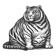 Obraz premium Fat chubby tiger with bold stripes and a playful demeanor, blending humor and artistic detail sketch engraving generative ai vector illustration. Scratch board imitation. Black and white image.