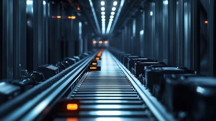 Fototapeta premium A conveyor system in a modern industrial setting with blue lighting.