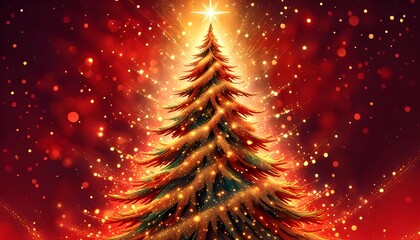 Abstract Christmas tree with golden lights and stars on the red background. New Year Poster, Greeting Card