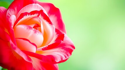 Close-up of a vibrant bicolor rose blossom with red and creamy petals against a soft green background