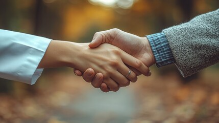 A close-up of two hands shaking in a serene autumnal setting, surrounded by blurred golden and orange foliage, symbolizing connection and trust.