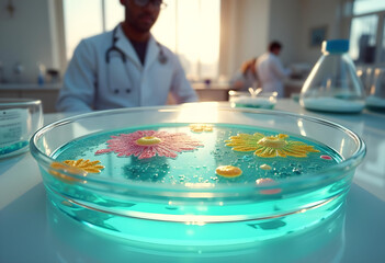 Obraz premium Close-up of a Petri Dish Bacteria Flowers Cultures in a Laboratory with a Person in the Background