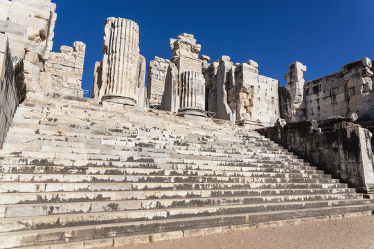 Ancient stone staircase and partial columns of the Temple of Apollo at Didim, Turkey (Turkiye)