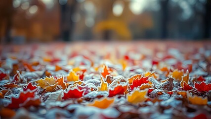A frosty morning's carpet of autumn leaves, showcasing nature's vibrant seasonal transition