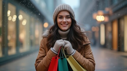 Fototapeta premium Young Woman Enjoys Shopping in a Winter Wonderland Ambiance