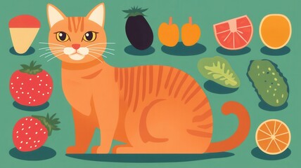 Fototapeta premium A bright illustration featuring a playful orange cat surrounded by various colorful fruits and an ice cream cone.