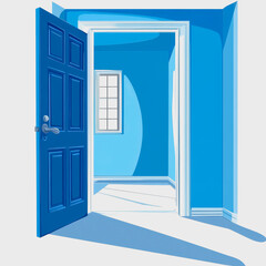 Vibrant Blue Doorway in Modern Room with Window Illuminated by Natural Light, Minimalist Interior Design, Fresh Ambiance, and Open Space Concept
